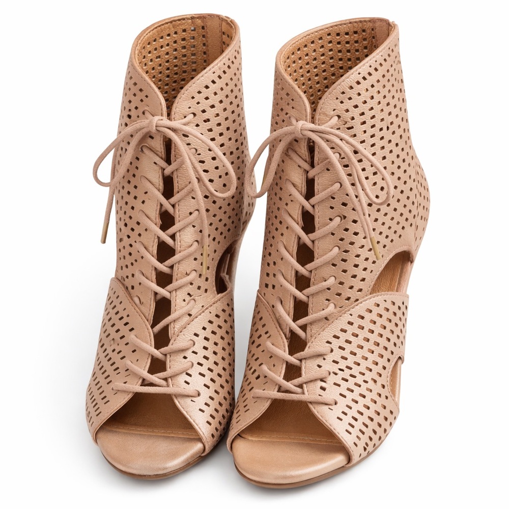 Joie Perforated Genuine Leather Lace-Up Heeled Sandals Taupe Size 38.5 Open Toe